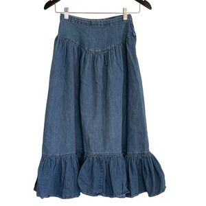 Hunters Run Vintage Blue Denim Prairie Midi Skirt Ruffle Tiered Size 4 Western